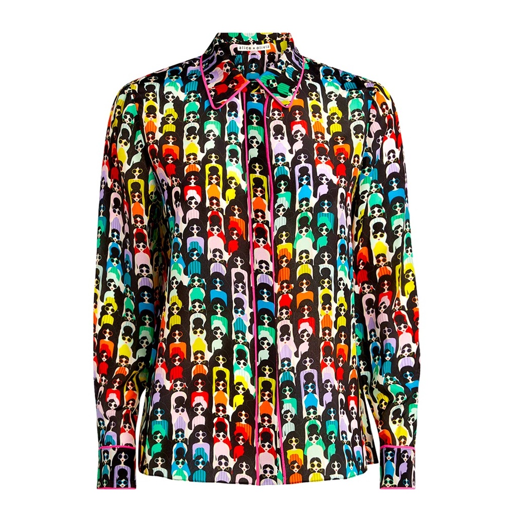 Alice + Olivia Willa Blouse Top Rainbow Stace Face Novelty Print S NWT